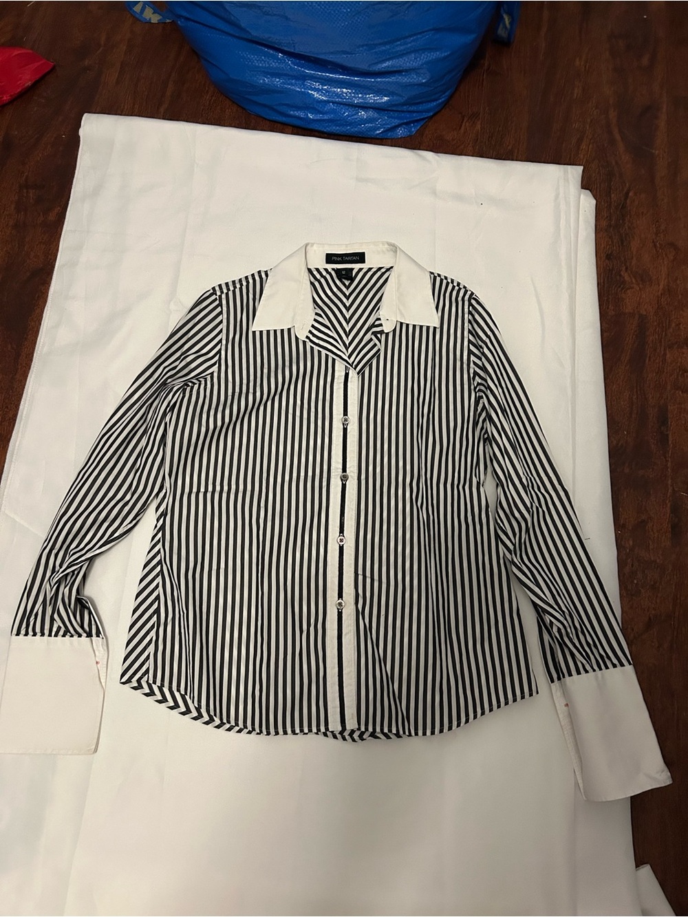 Pink Tartan Black & White Striped Button-Up Shirt with Contrast Collar
